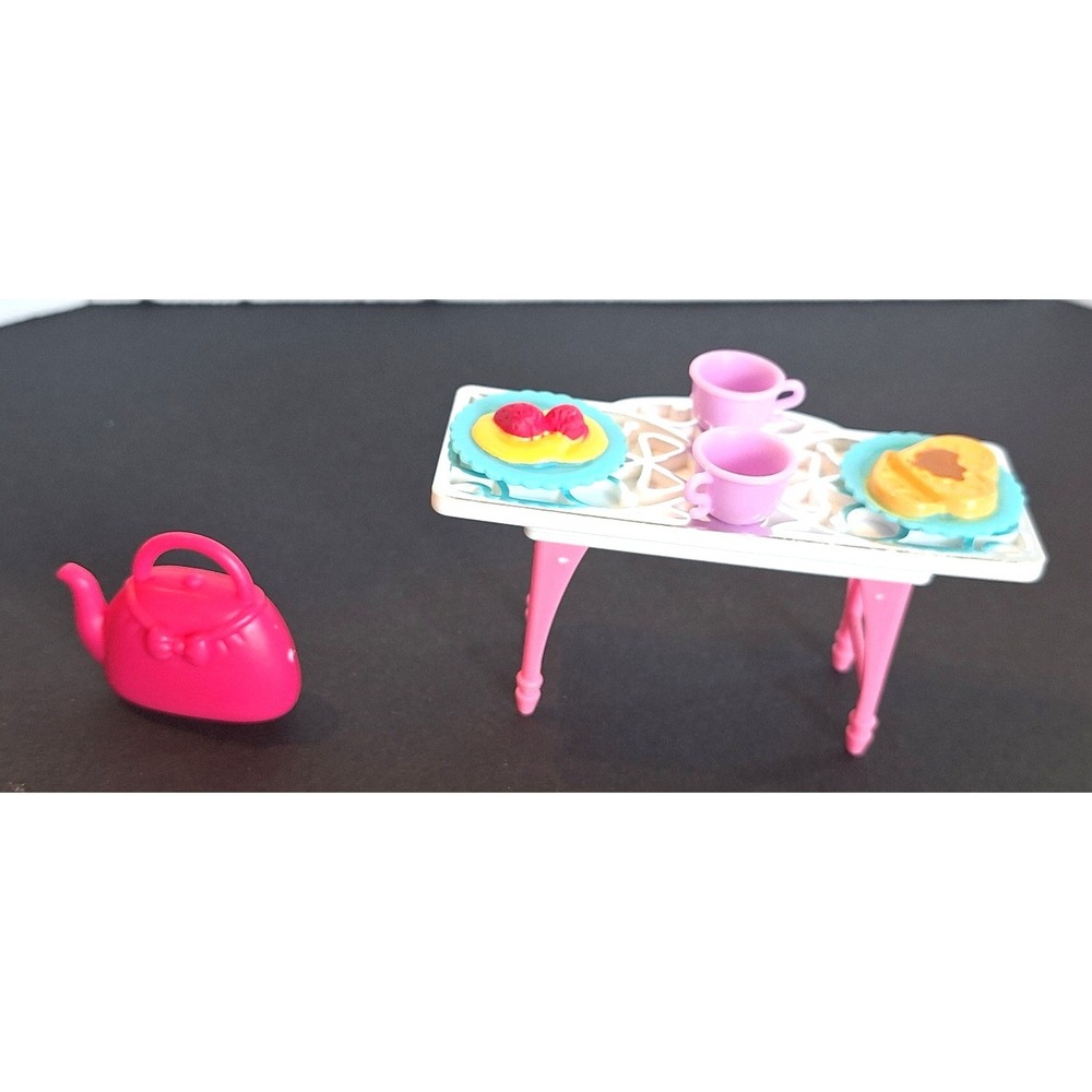 Barbie Doll Furniture Breakfast Table Pink Teapot Cups and Food Accessories Set